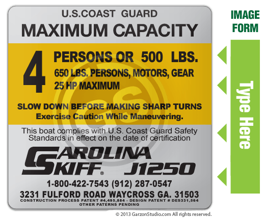 Boat capacity plate decal for Boat 4X4 Tpe A Carolina Skiff