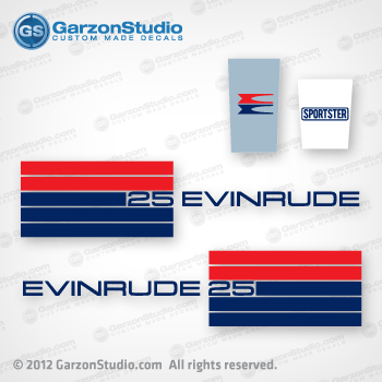 73 Evinrude Outboard 25 hp sportster decal set Evinrude Outboard Decal set for 2 stoke evinrude 1973 motors. 0279563, 0279564 DECAL 25302A, 25303A, 25352A, 25353A, 0206660,0206661 APPLIQUE Rear decal, 
