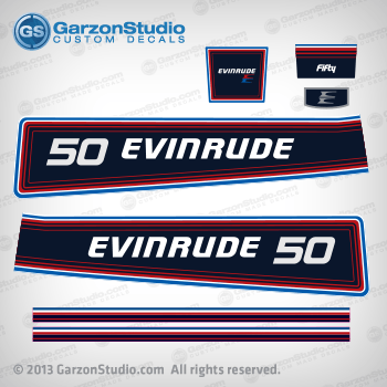Evinrude 50 hp (Fifty) decal set 80s Evinrude 1981 50hp EVINRUDE 1981 0281670 
E50BECIC, E50BELCIC, MOTOR COVER-EVINRUDE