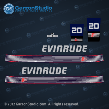 1989 1991 Evinrude 20 hp decal set Decal set replica for evinrude 20 hp from 1988, 1994. this set may replace or can be used instead of part number: 0283815 DECAL SET
0283750 DECAL SET
0211428, 0211227 PLATE decal
0211228, 0335064 PLATE decal
