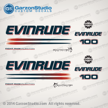 2003-2006 Evinrude 100 hp Ficht ram decal set white engines Decal set replica for evinrude 100 hp from 2002 2003, 2004, 2005, 2006. this set may replace or can be used instead of part number
0215287 DECAL BOMBARDIER F/R
0215288 DECAL EVINRUDE Port/Stbd
0215290,0215289 DECAL, Stripe, Port-Stbd
0215554 DECAL, DIRECT INJECTION Port/Stbd
0215563 DECAL 100HP
0215279 DECAL EVINRUDE F/R
0351222, 0351237 SALTWATER EDITION Port - Stbd

EVINRUDE 2004 E100FPLSOC DECALS WHITE MODELS
EVINRUDE 2004 E100FPLSRS DECALS WHITE MODELS
EVINRUDE 2004 E100FSLSOC DECALS WHITE MODELS
EVINRUDE 2004 E100FSLSRS DECALS WHITE MODELS
EVINRUDE 2005 E100FPLSOC DECALS WHITE MODELS
EVINRUDE 2005 E100FSLSOC DECALS WHITE MODELS

1	0215287 DECAL, BOMBARDIER F/R
2	0215288 DECAL, EVINRUDE Port/Stbd
3	0215290 DECAL, Stripe, Port
4	0215289 DECAL, Stripe, Stbd Included with ENGINE COVER Assy
5	0215554 DECAL, DIRECT INJECTION Port/Stbd 
6	0215563 DECAL 100HP F/R New P/N for 2004
8	0215279 DECAL, EVINRUDE F/R Included with ENGINE COVER Assy
9	0351222 SALTWATER EDITION - Port New P/N for 2004
10	0351237 SALTWATER EDITION - Stbd New P/N for 2004	

11	0215558 EVINRUDE EU2006 New P/N for 2004


