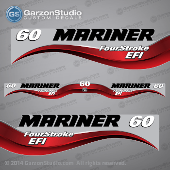 2003 - 2012 Mariner Outboard decal set - 60 hp Four Stroke EFI - Red decal kit set - 2004 2005 2006 2007 2008 2009 2010 2011 60hp decals fourstroke electronic fuel injection 60hpEfi 4 Stroke 60EFI 4S
811211A03 DECAL SET, (Gray 60 Electric) for FourStroke EFI outboards.