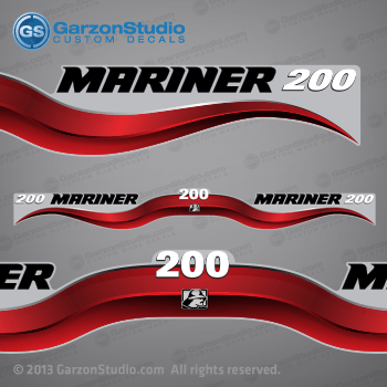 2003 - 2012 Mariner Outboard decal set - 200 hp XL - Red decal kit set - 2004 2005 2006 2007 2008 2009 2010 2011 200hp decals replica motor silver cowl black leg
MARINER 2.5L CARBURETED SALTWATER 200 XL CARB SW 808563A03
815630A97	DECAL SET	(GRAY 200 LONG)(2000)
808563A01	DECAL SET	(GRAY 200 LONG/XL/CXL)(2001/2002)
808563A03	DECAL SET	(GRAY 200 LONG/XL/CXL)(2003 AND ABOVE)
