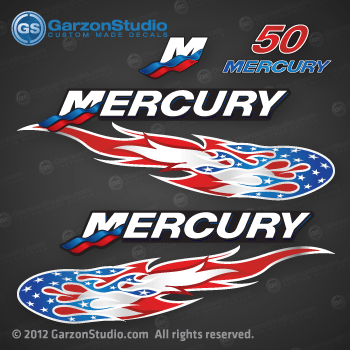 2005 2006 2007 2008 2009 MERCURY 50 hp decal set red 50hp decals cowling graphics stars and stripes flames 