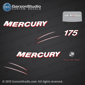 2006 MERCURY VERADO 175 HP FOUR STROKE DECAL SET 892565A06 150hp M logo sticker set kit replica
FOURSTROKE 4-STROKE 4S SUPER CHARGED

Mercury 892565A06 DECAL SET, (Generic)
892565A02 DECAL SET, Port And Starboard (Mercury)
892565004 DECAL, Horsepower (175), Rear (Mercury 175)

175 VERADO (4-STROKE)(4 CYL.) Mercury Outboard
175HP Mercury Serial Numbers: 0P419487 THRU 0P464487
175HP Mercury Serial Numbers: 0P464488 THRU 0P514868
175HP Mercury Serial Numbers: 1B227000 THRU 1B381711
175HP Mercury Serial Numbers: 1B381712 THRU 1B517158

L 4: 1175V13FD, 1175V13HD, 7175V13UD, 7175V13ZD, 7175V13ZR, 1175V13HR 
XL 4: 1175V23FD, 1175V23HD, 7175V23UD, 7175V23ZD, 7175V23ZR
CXL 4: 1175V23HR 
1175V24FD, 1175V24HD, 1175V24HR 


895844T01 TOP COWL ASSEMBLY (Mercury)
895844T02 TOP COWL ASSEMBLY (Mariner)

895845T CAP, Air Dam (Mercury)
895845T01 CAP, Air Dam (Mariner)

