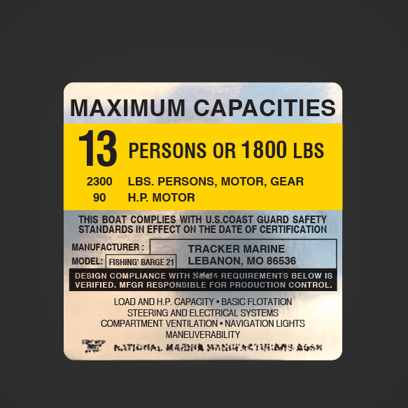 TRACKER MARINE - FISHING' BARGE 21 Pontoon Boat Capacity Decal 4X4 MAXIMUM  CAPACITIES Sticker label