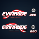 2004 2005 Evinrude 250 hp Direct Injection decal set blue outboards
0776290 Decal Set, Flag
0215320 American Flag Port side
0215319 America waving flag starboard 
0215317 BOMBARDIER front/rear 
0215556 DIRECT INJECTION
E250FCXSOB E250FCXSRM E250FCZS