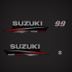  2010 2011 2012 2013 2014 2015 2016 Suzuki 9.9 Hp Four Stroke graphic kit
61443-99J00 starboard Stripe 
61453-99J00 Port side decal 
68111-99J00 S logo
61435-99J10 horsepower rear (9.9)